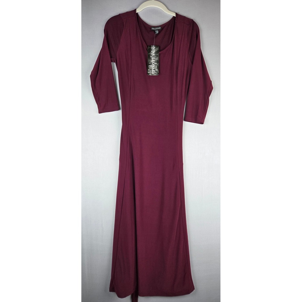Nina Leonard Womens Wine Burgundy 3/4 Sleeve Scoop Neck Tie Back Maxi Dress S NW